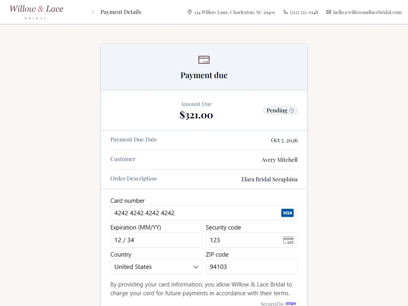 A bride paying the next installment on her gown by card, on the boutique’s own payment page