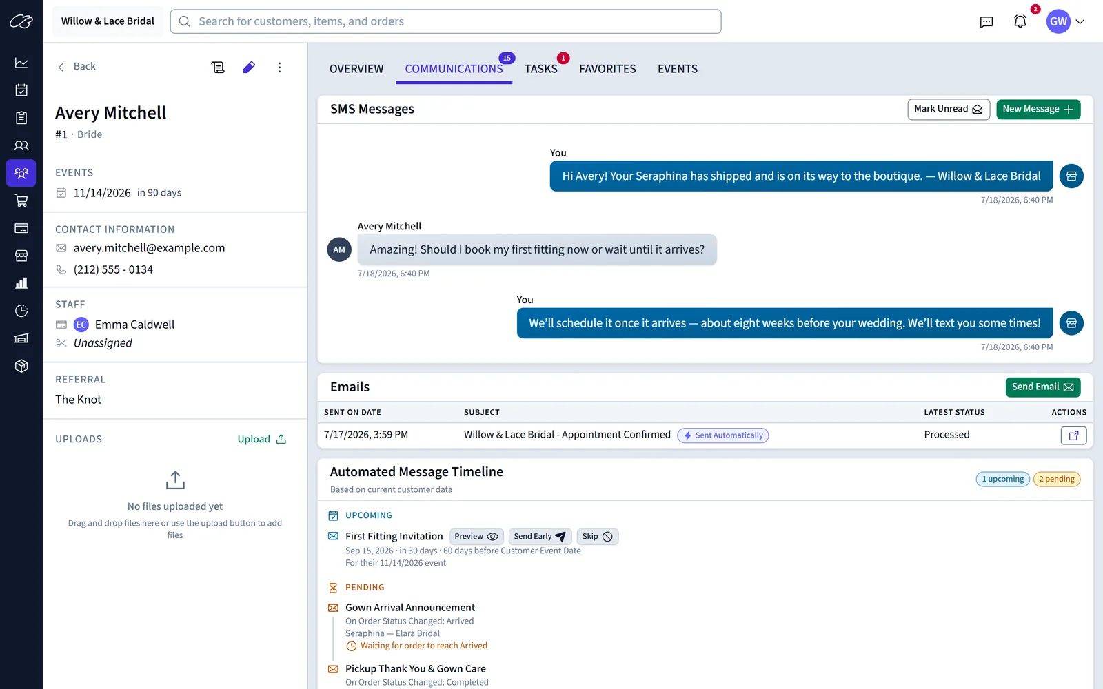 A customer's communications tab: two-way SMS thread, sent emails, and the automated message timeline