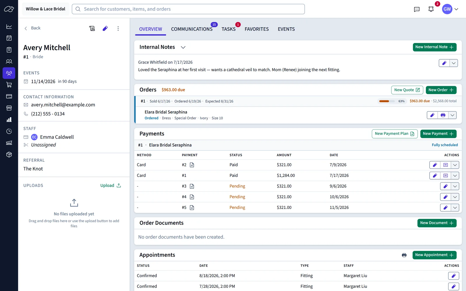 A customer profile with her order, payment plan, notes, and upcoming fitting on one screen