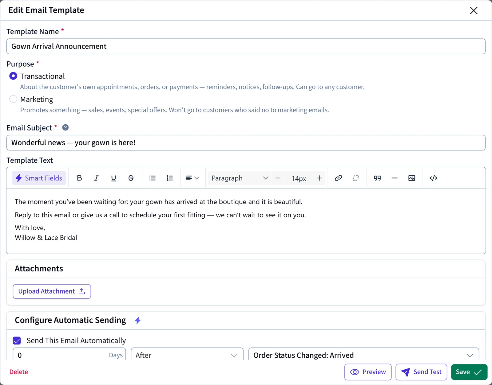 The email template form with automatic sending configured: send 0 days after the order status changes to Arrived