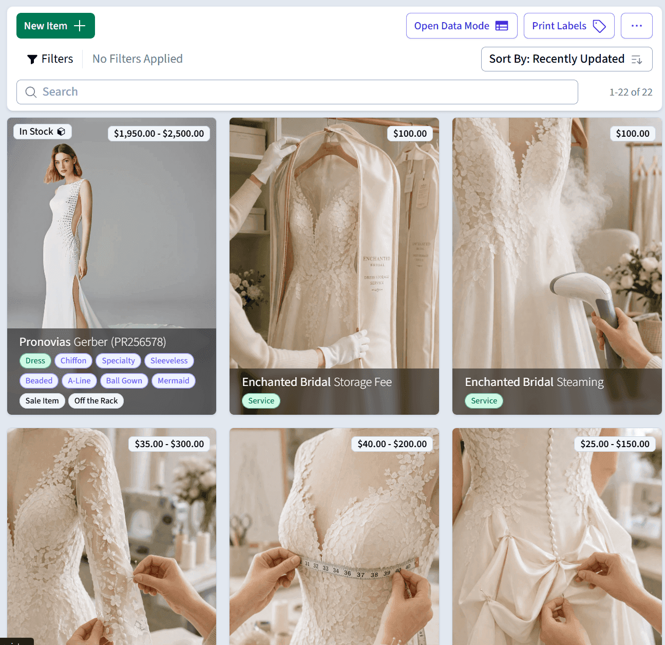 Managing a gown with multiple sizes and varieties in CloudBridal