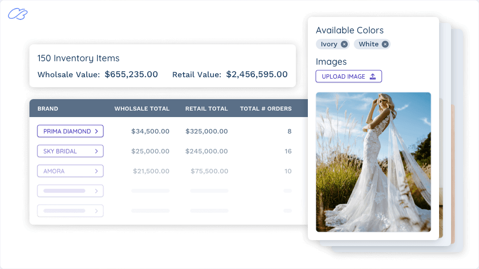The CloudBridal inventory page showing gowns in stock with sizes and prices