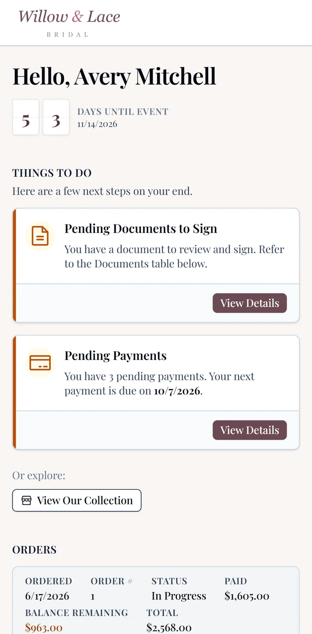 The same portal on her phone: countdown, payment reminders, and order progress