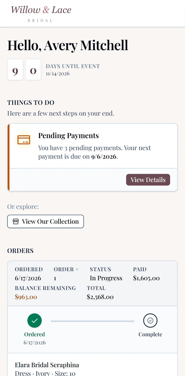 The same portal on her phone: countdown, payment reminders, and order progress