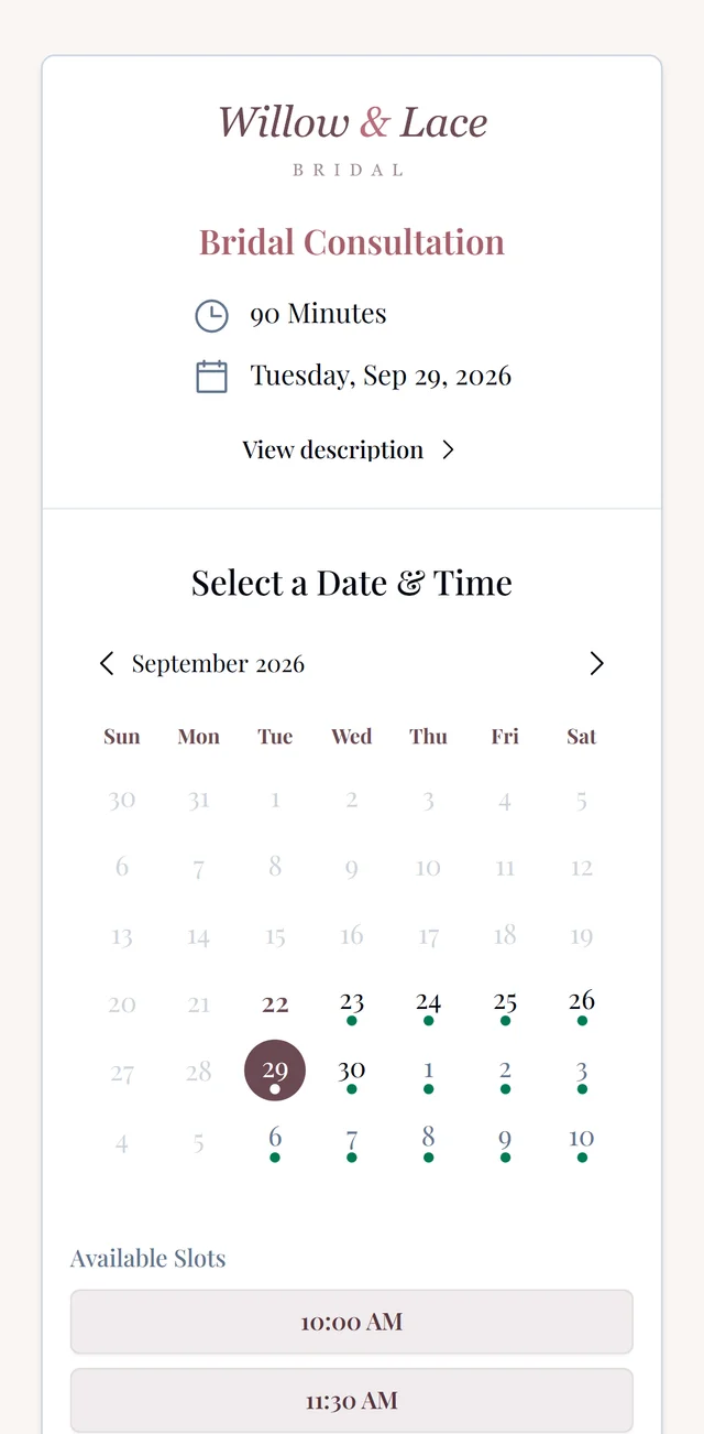 A bride booking on her phone: the branded public booking page with a date and time picker