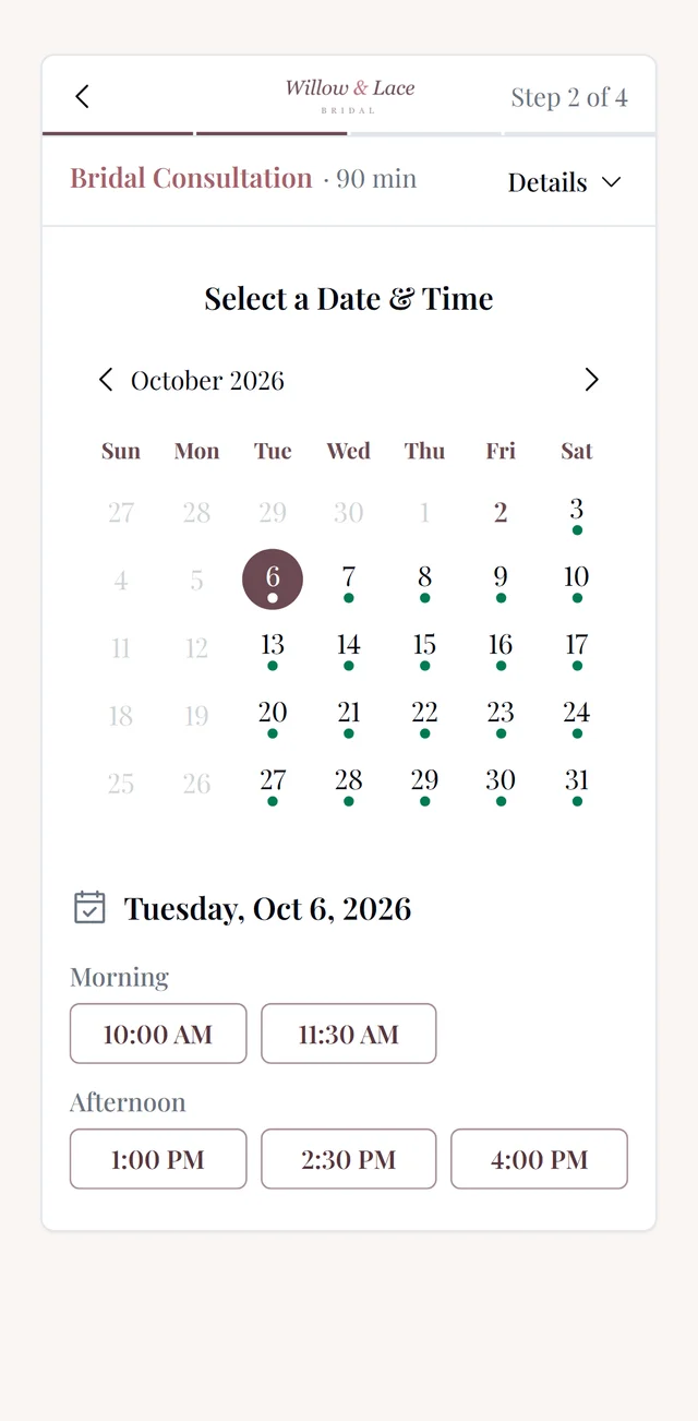 The shop’s booking page on a phone: a Bridal Consultation with a month calendar and open morning and afternoon times.