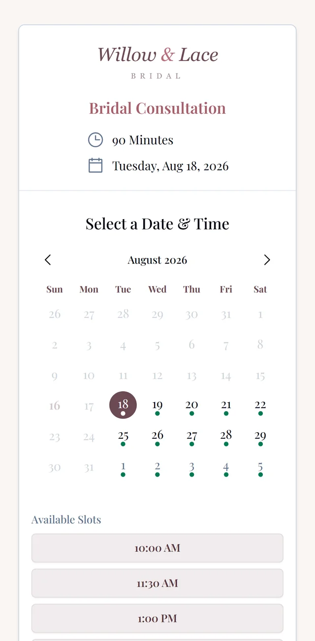 A bride booking on her phone: the branded public booking page with a date and time picker