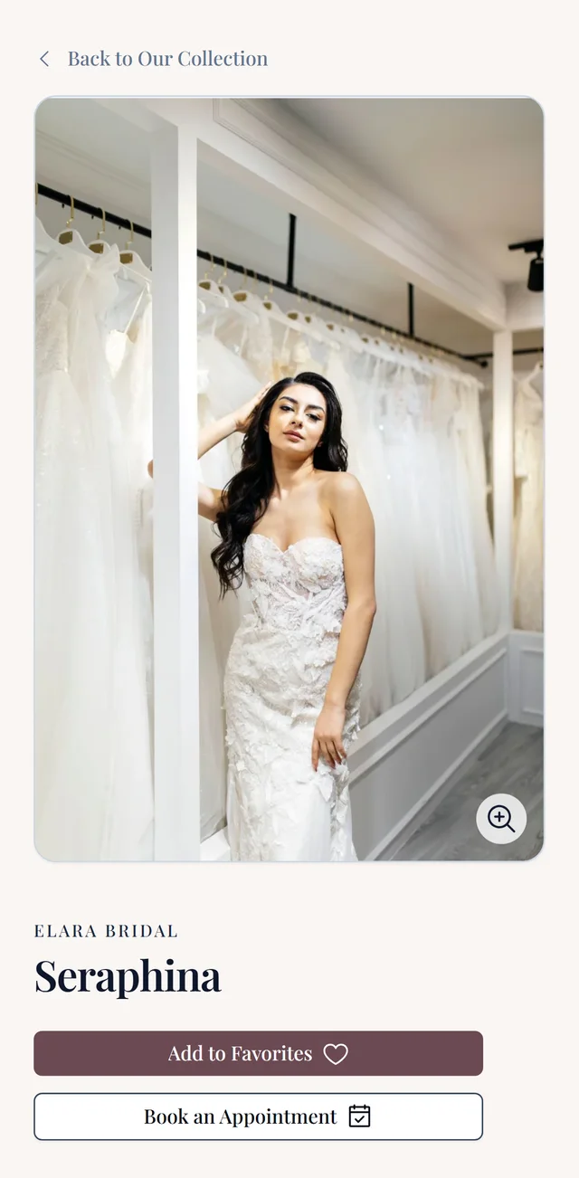 The same showcase on a phone, open on a gown with an add-to-favorites button and a book-an-appointment button