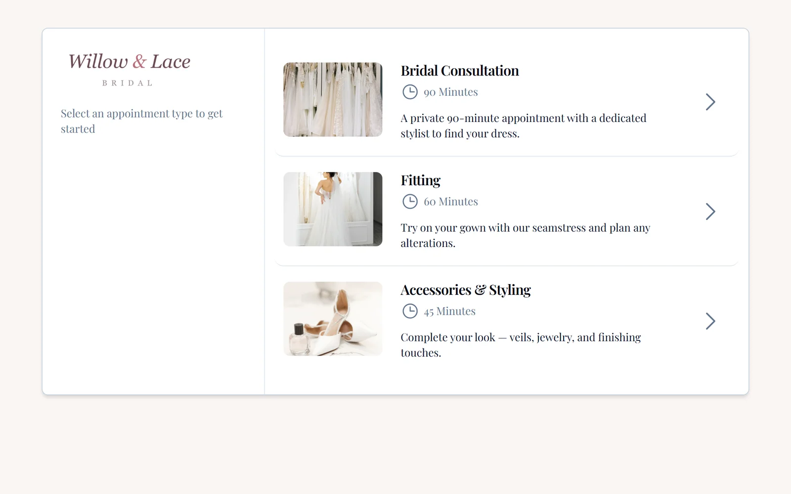 CloudBridal public booking page for a bridal boutique, with the boutique logo, brand colors, and photo cards for each appointment type