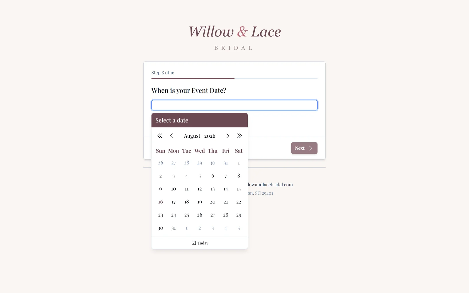 A branded pre-registration questionnaire a bride fills out before her appointment