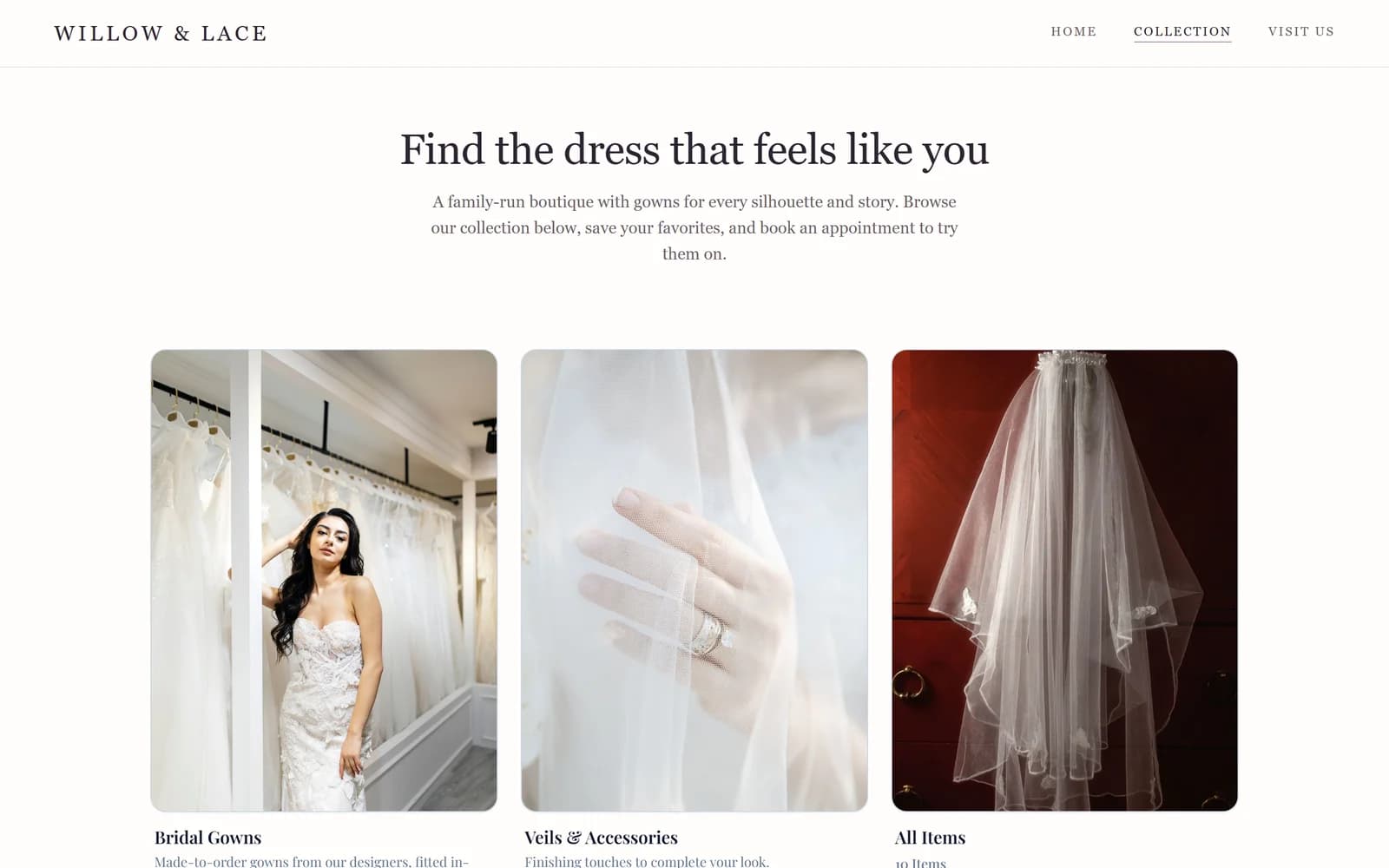 A boutique's own website with its collection embedded directly in the page, under the site's own header and navigation