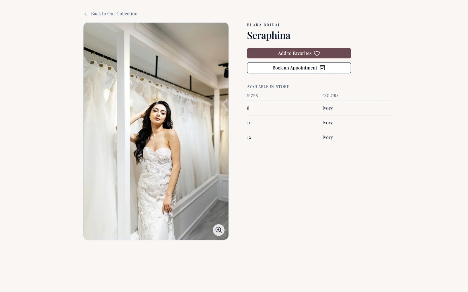 A showcase product page for a gown, branded to the boutique, with a favorite button