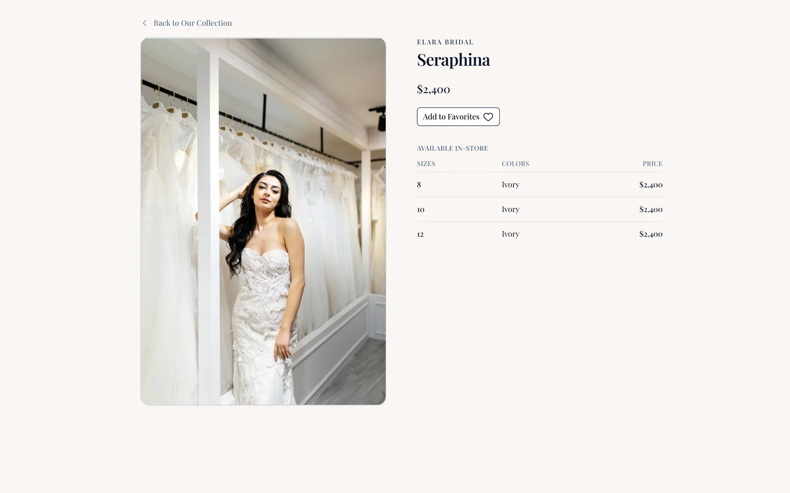 A showcase product page for a gown, branded to the boutique, with a favorite button