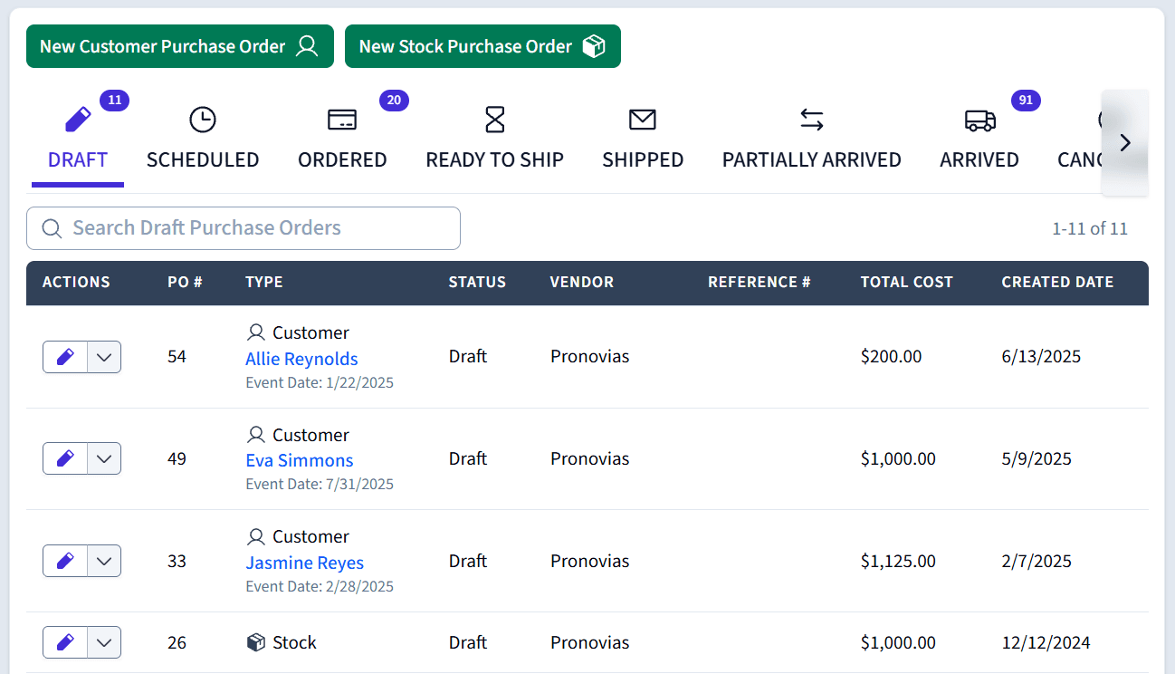 A purchase order in CloudBridal tracking gowns from vendor to bride