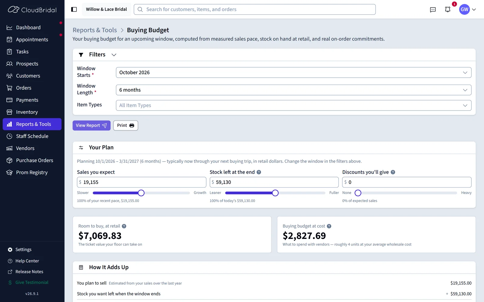 Buying Budget with adjustable sales and stock assumptions, room to buy at retail, and budget at cost