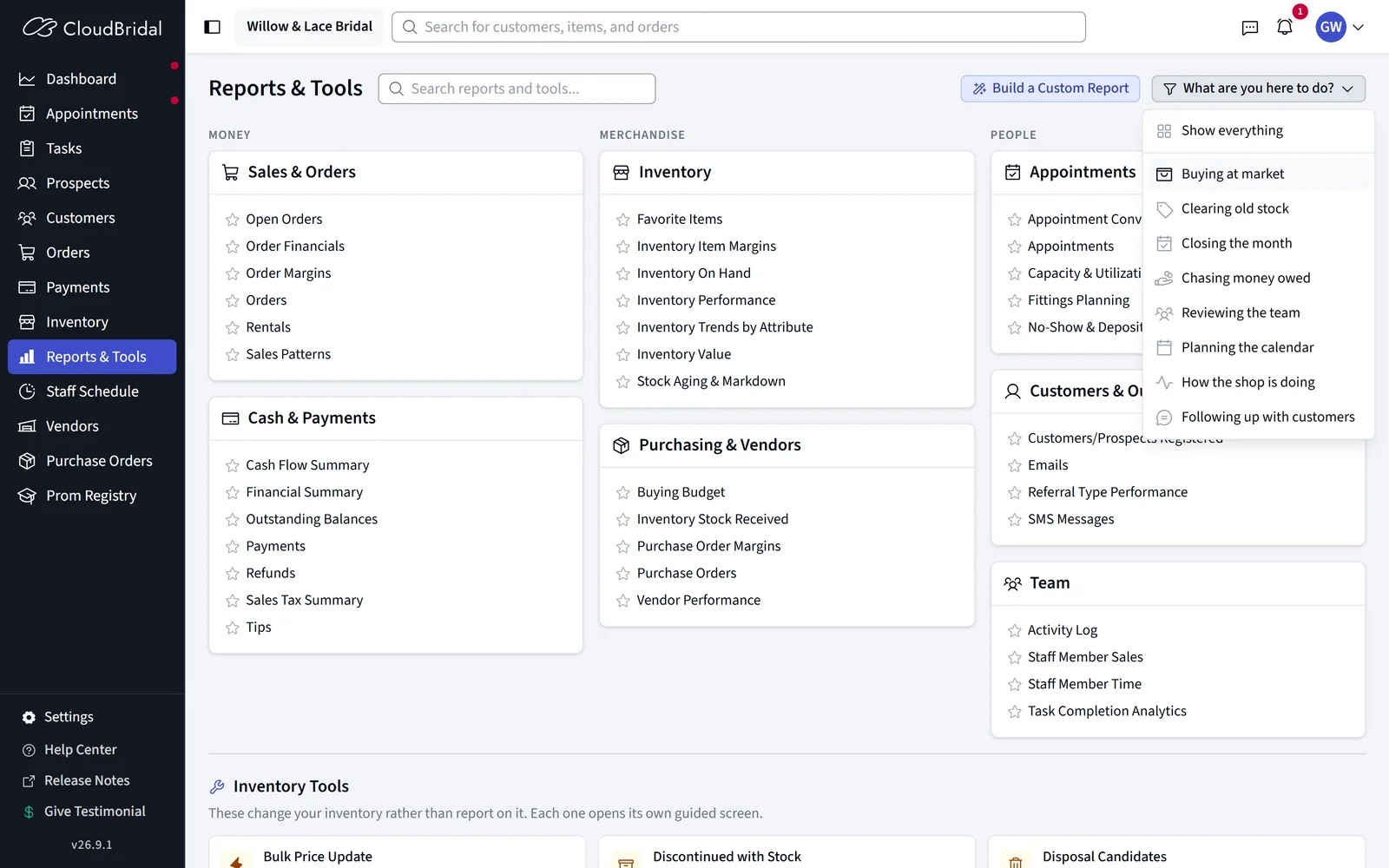 The CloudBridal Reports & Tools page with the “What are you here to do?” menu open, listing jobs such as Buying at market and Closing the month