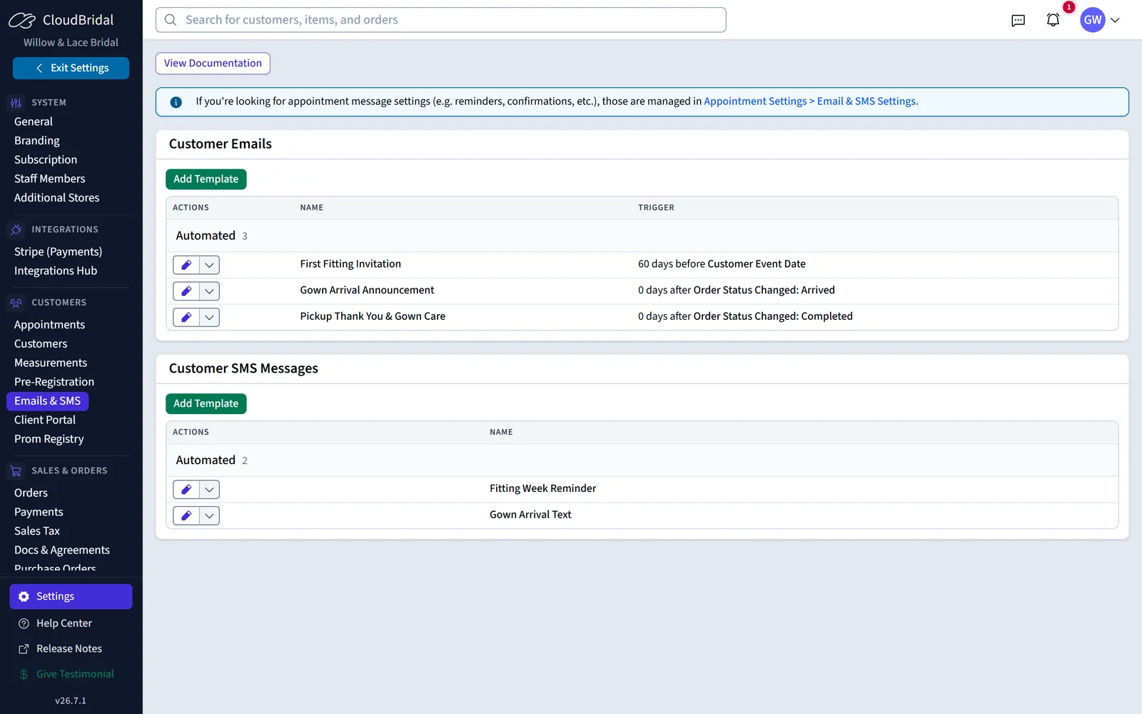 The email and SMS template library with automated triggers like "60 days before Customer Event Date"