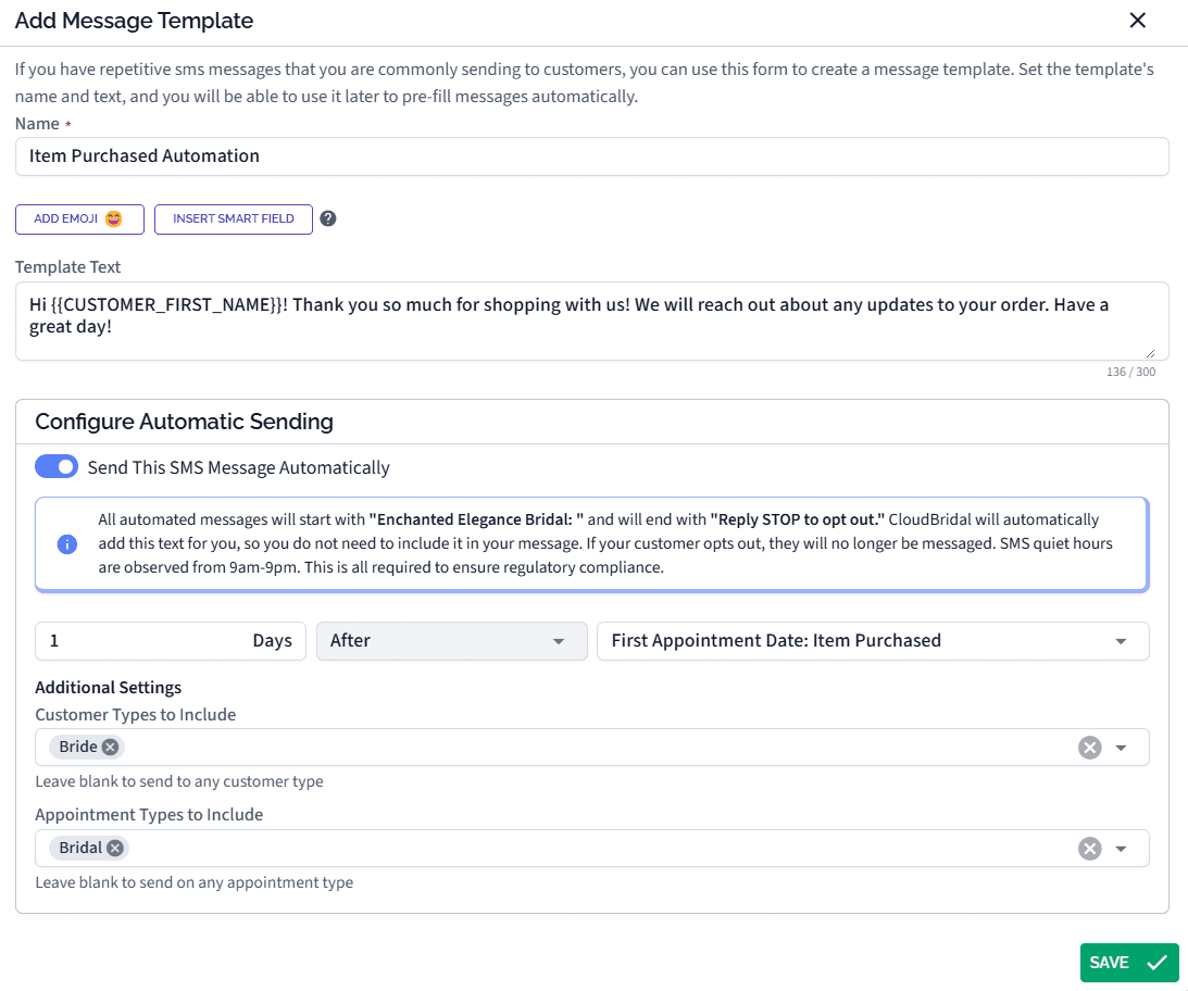 Creating an automated SMS template in CloudBridal