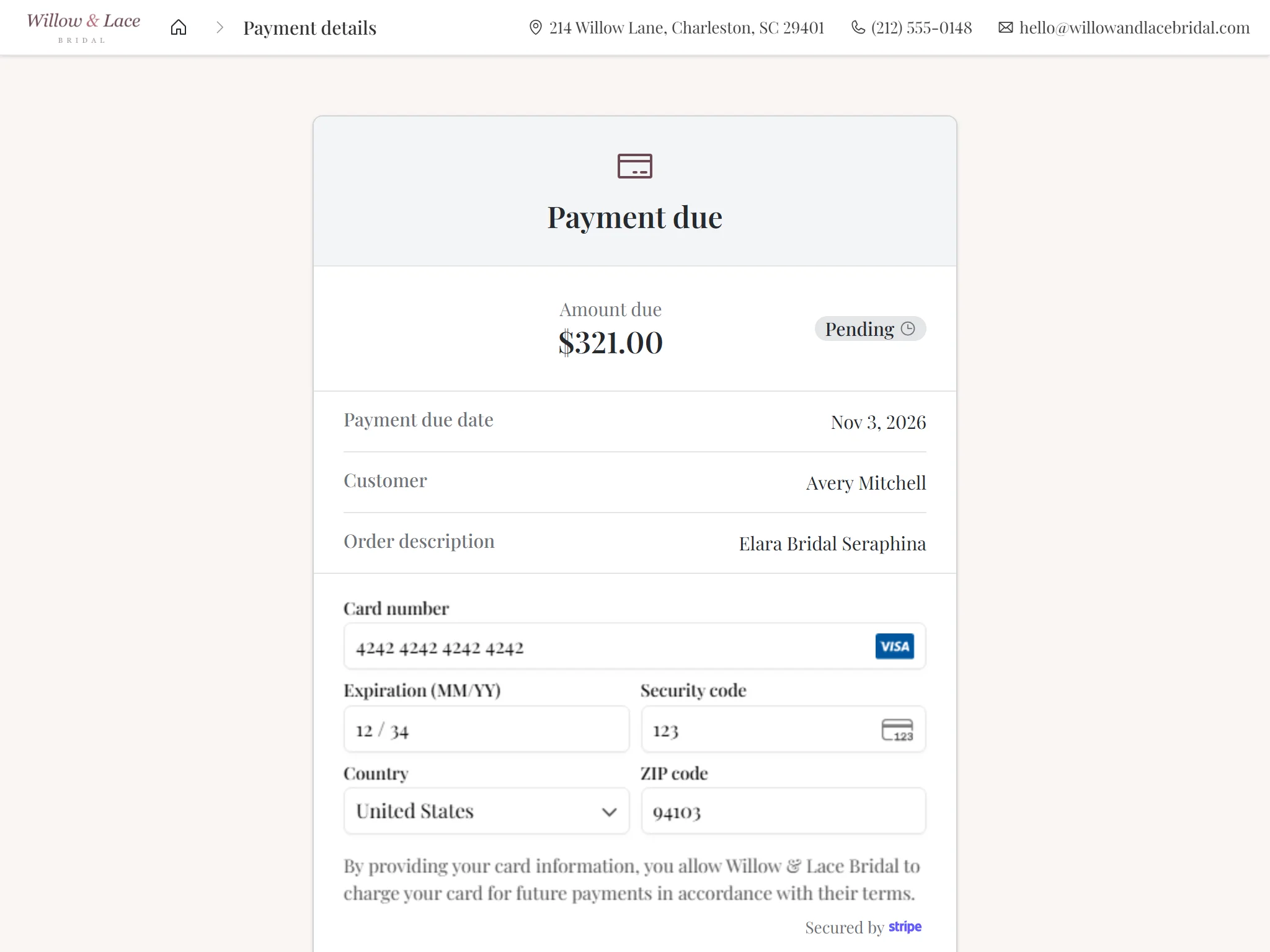 A bride paying the next installment on her gown by card, on the boutique’s own payment page