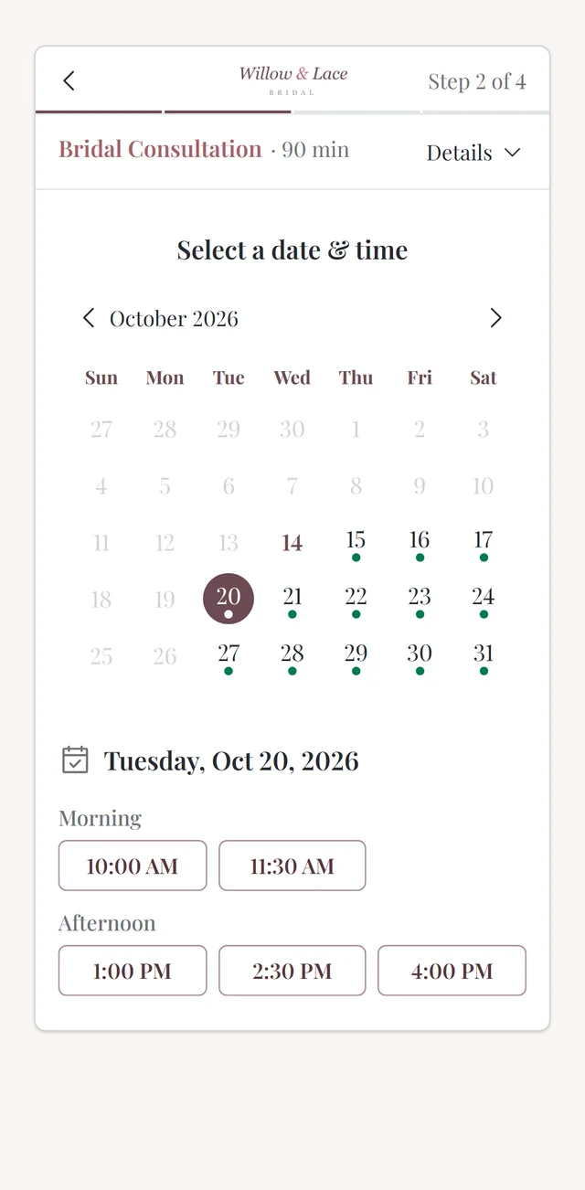 The next booking step on a phone: picking a date and time from live availability