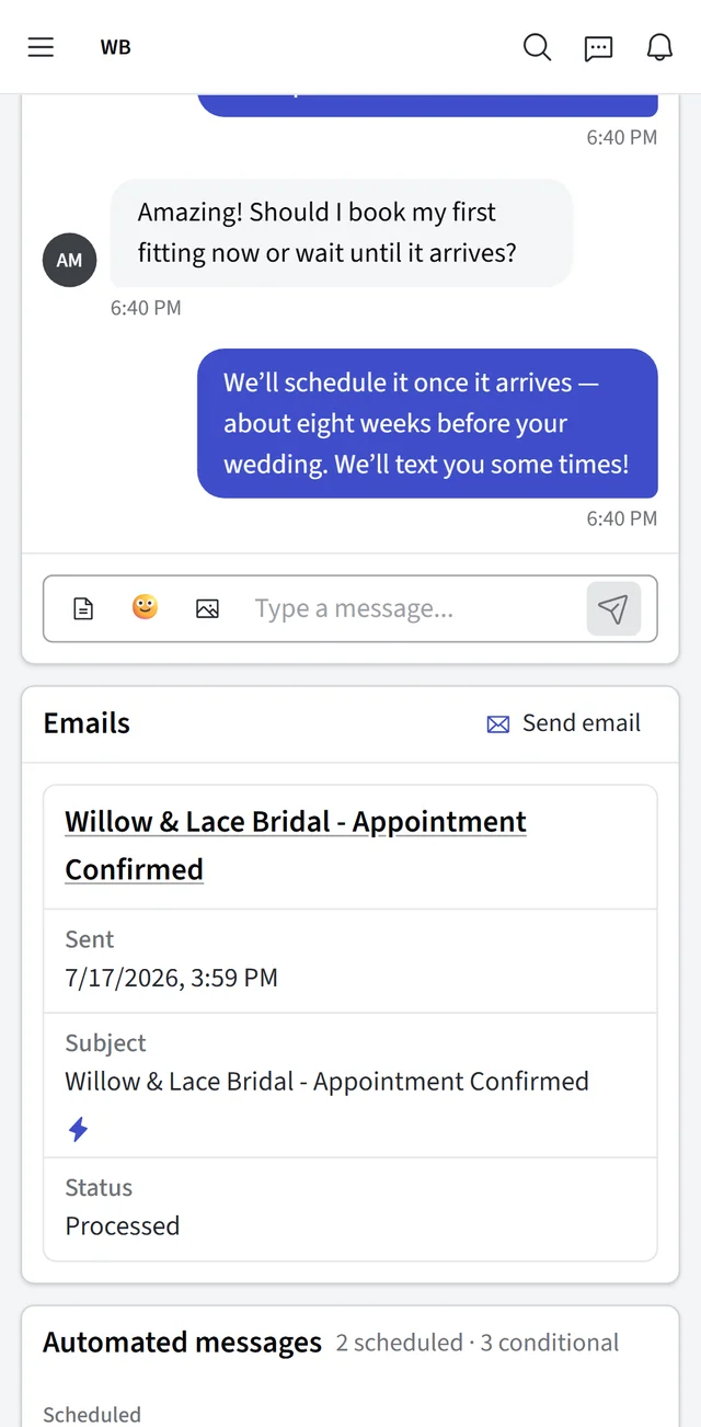 A two-way SMS conversation with a bride on her record — texts, emails, and automated messages in one place