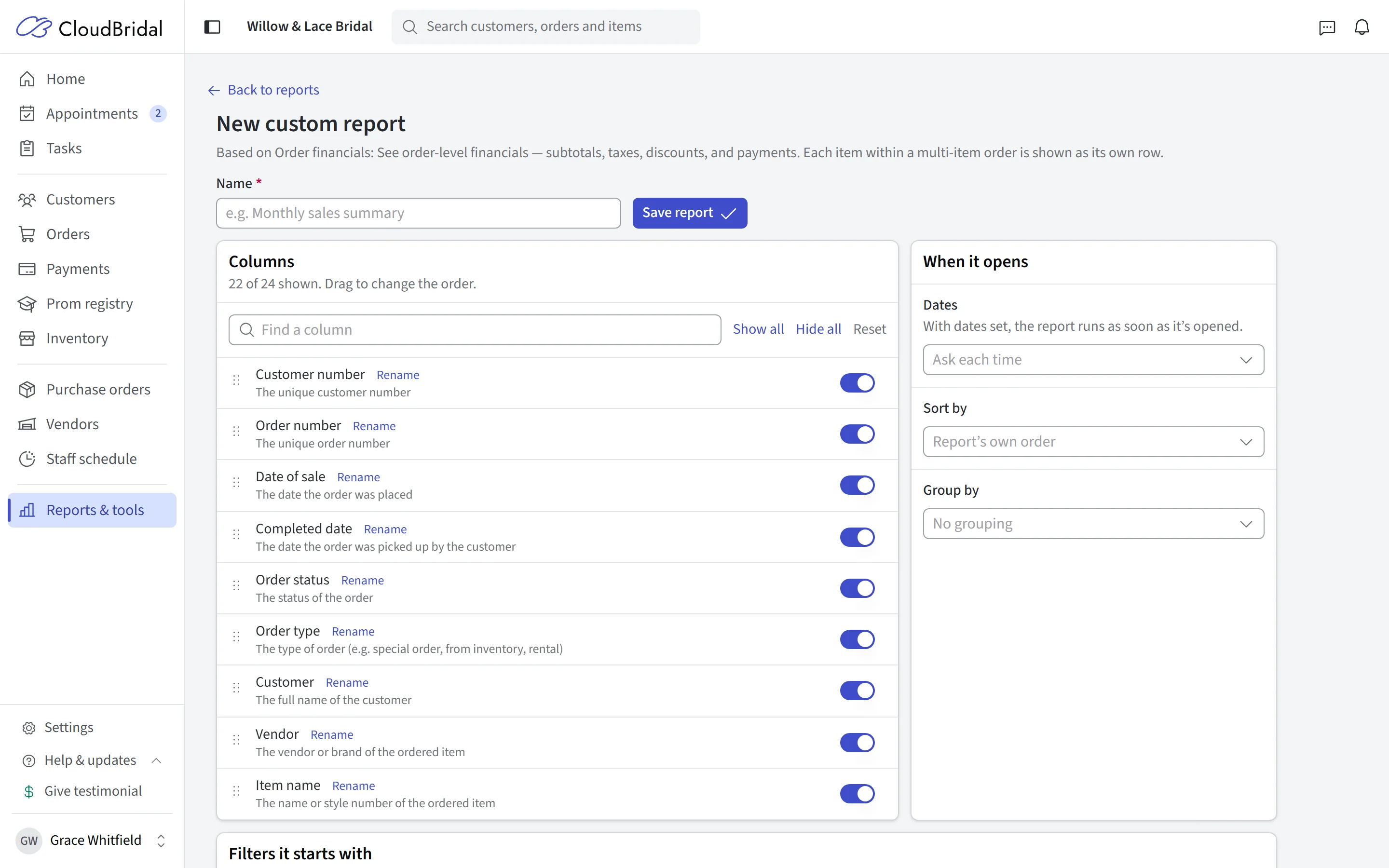 Screenshot for article CloudBridal v26.3.1: Custom Reports, Task Automation, and Enhanced Client Portal
