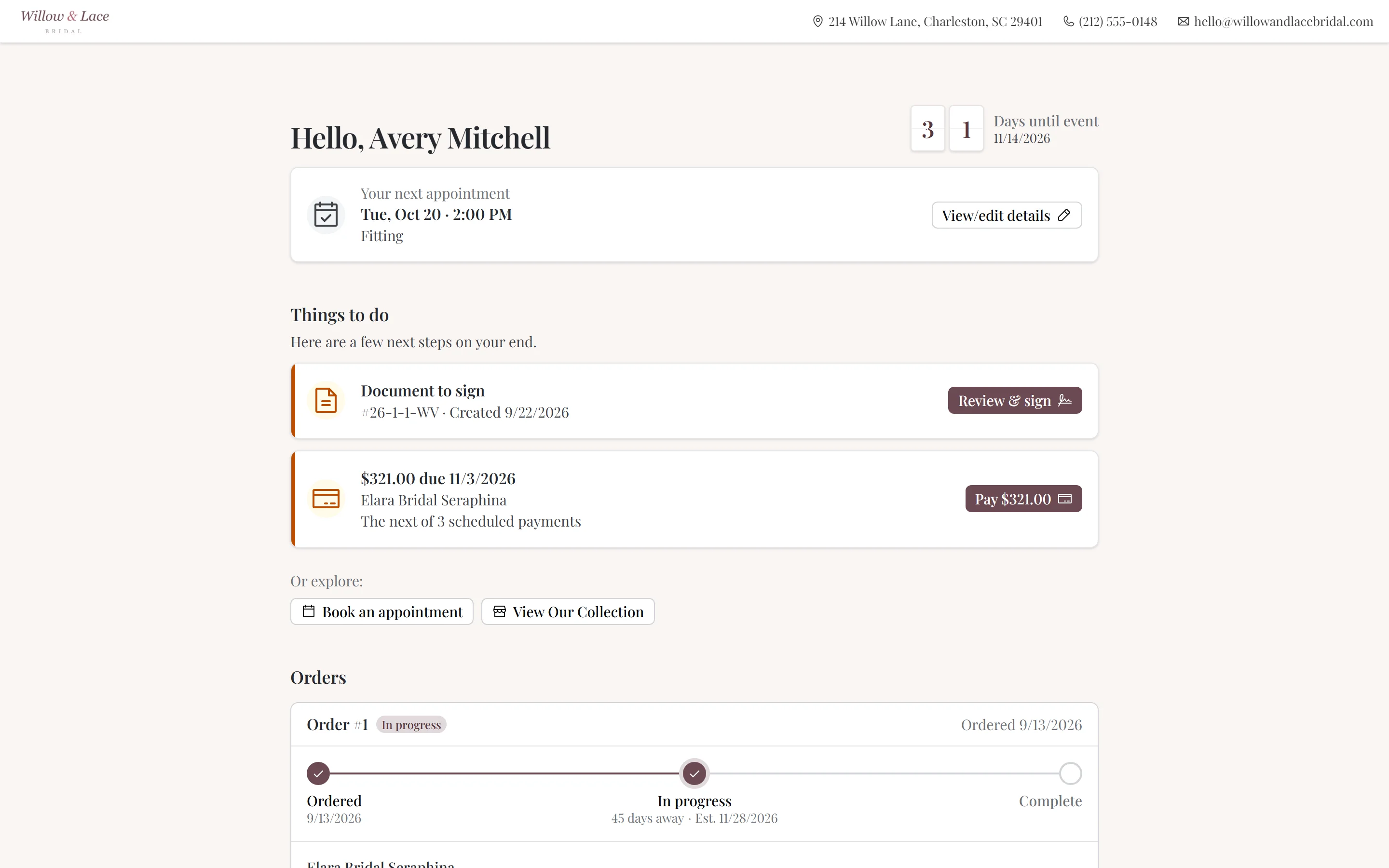 A bride’s branded client portal with her order progress and balance