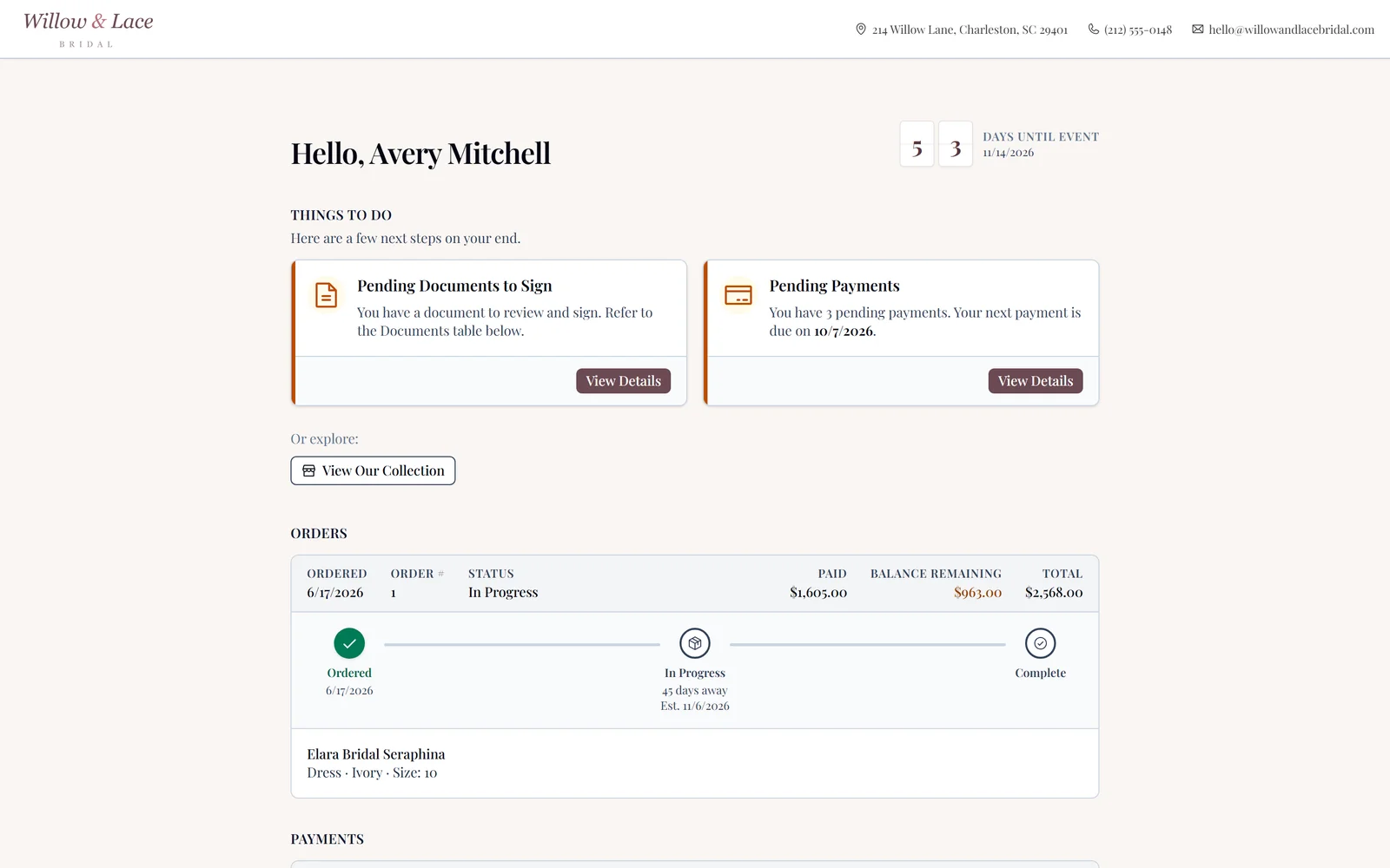 A bride’s branded client portal with her order progress and balance