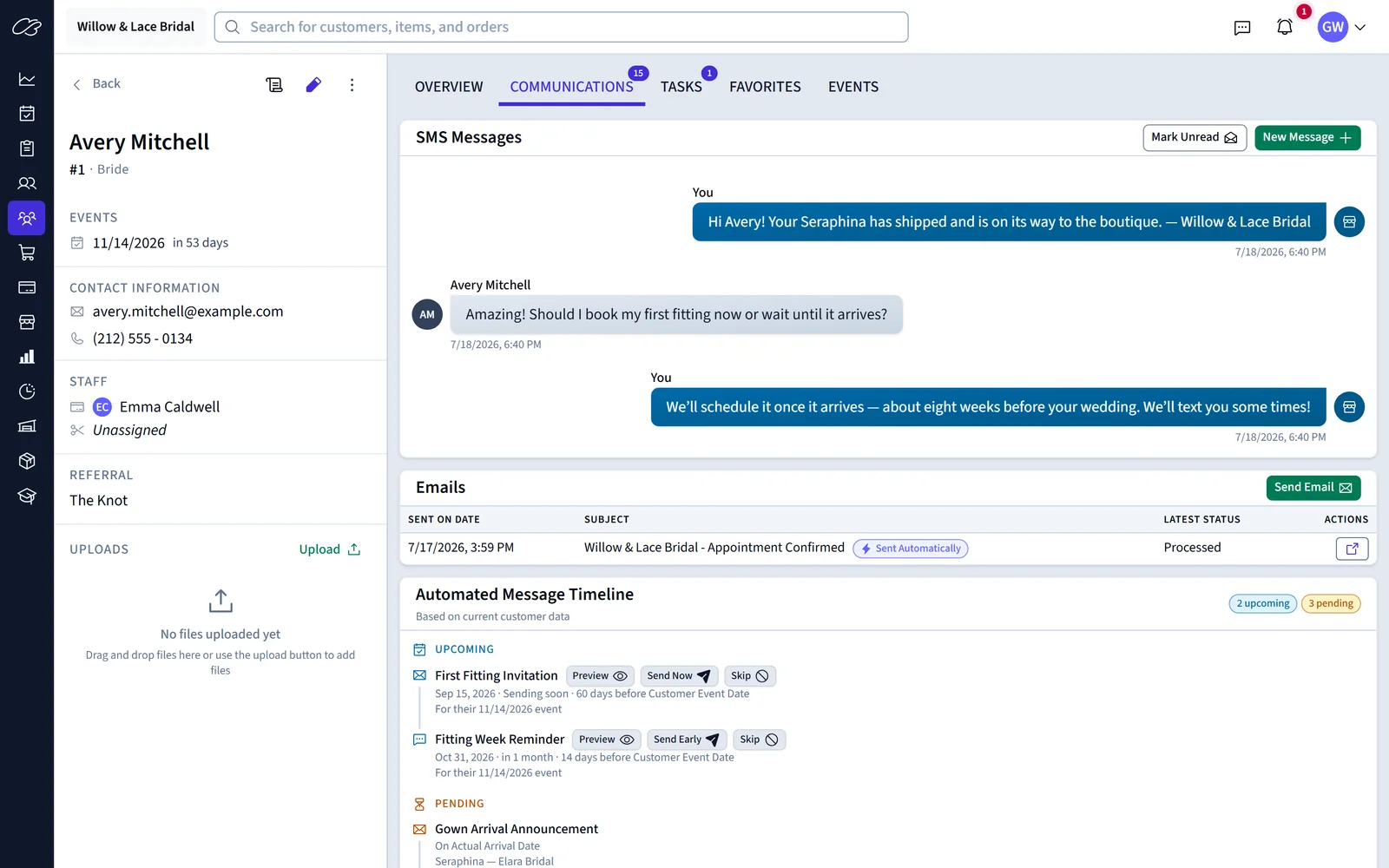 A customer’s texts and emails together on one communications timeline