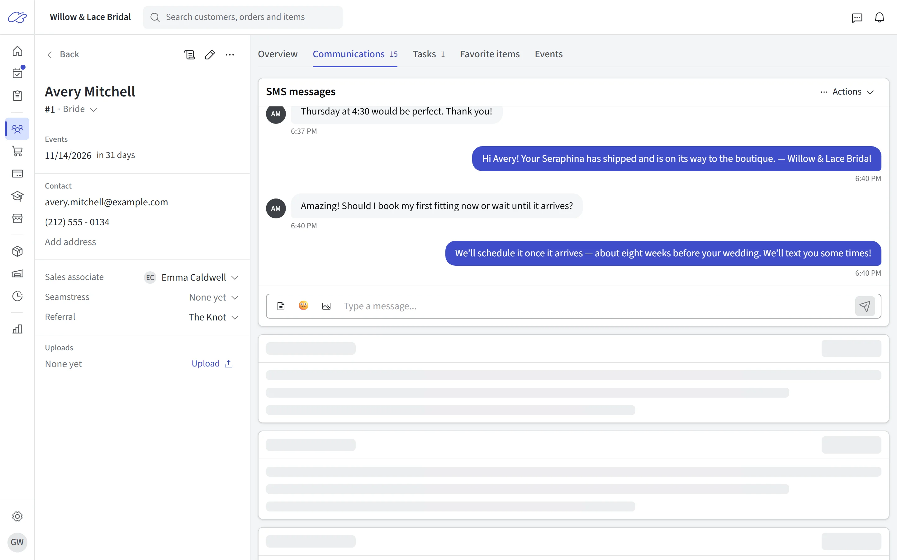 A customer’s texts and emails together on one communications timeline