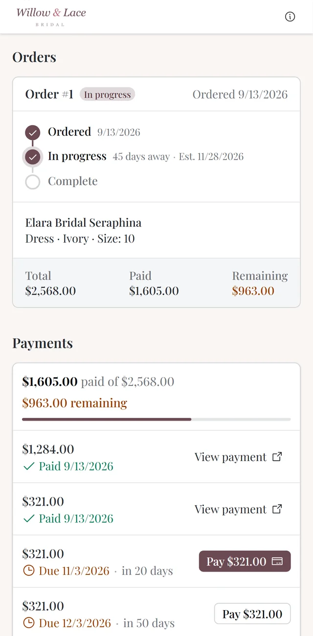 A bride’s order in the portal on her phone: ordered, the estimated arrival date, and her payment schedule below