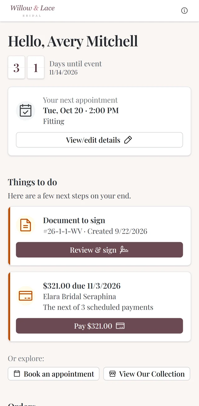 The same portal on her phone: countdown, payment reminders, and order progress