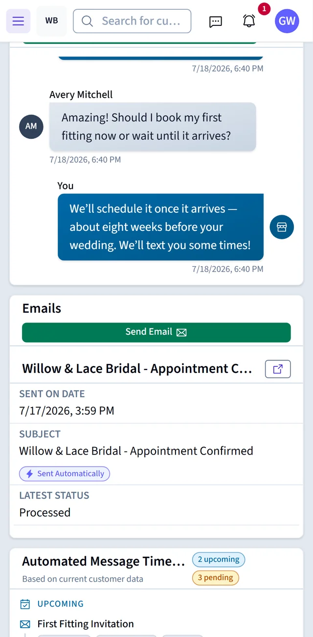 A two-way SMS conversation with a bride on her record — texts, emails, and automated messages in one place