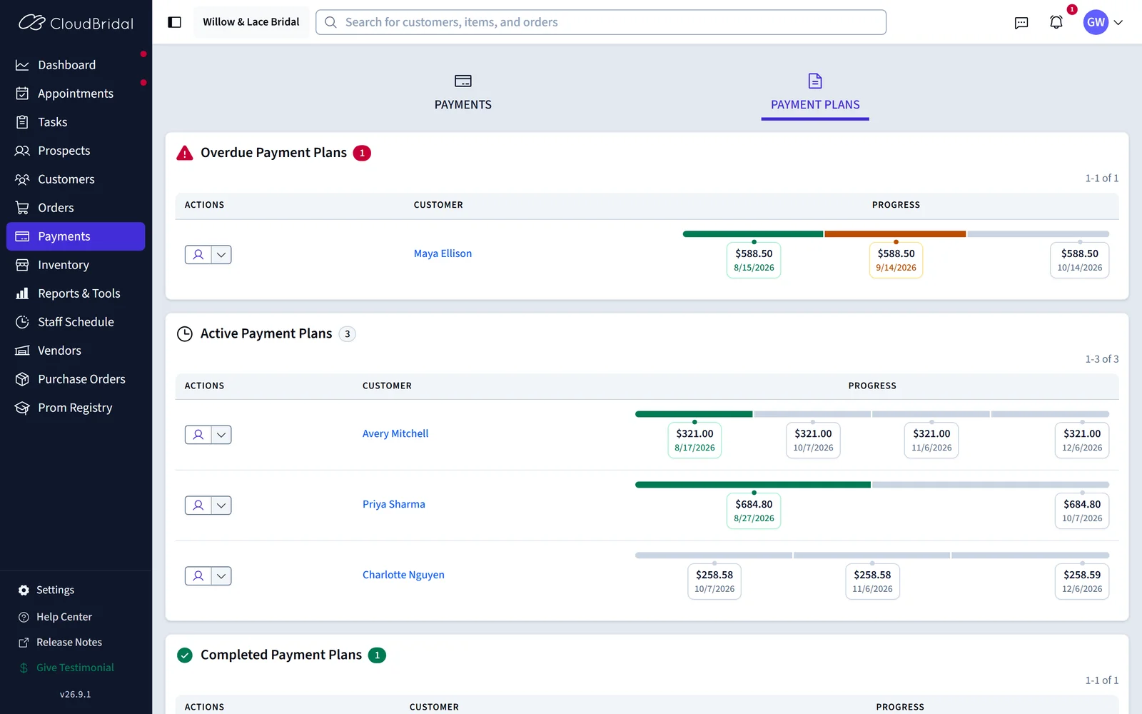Payment plans with overdue, paid, and upcoming installments visible together