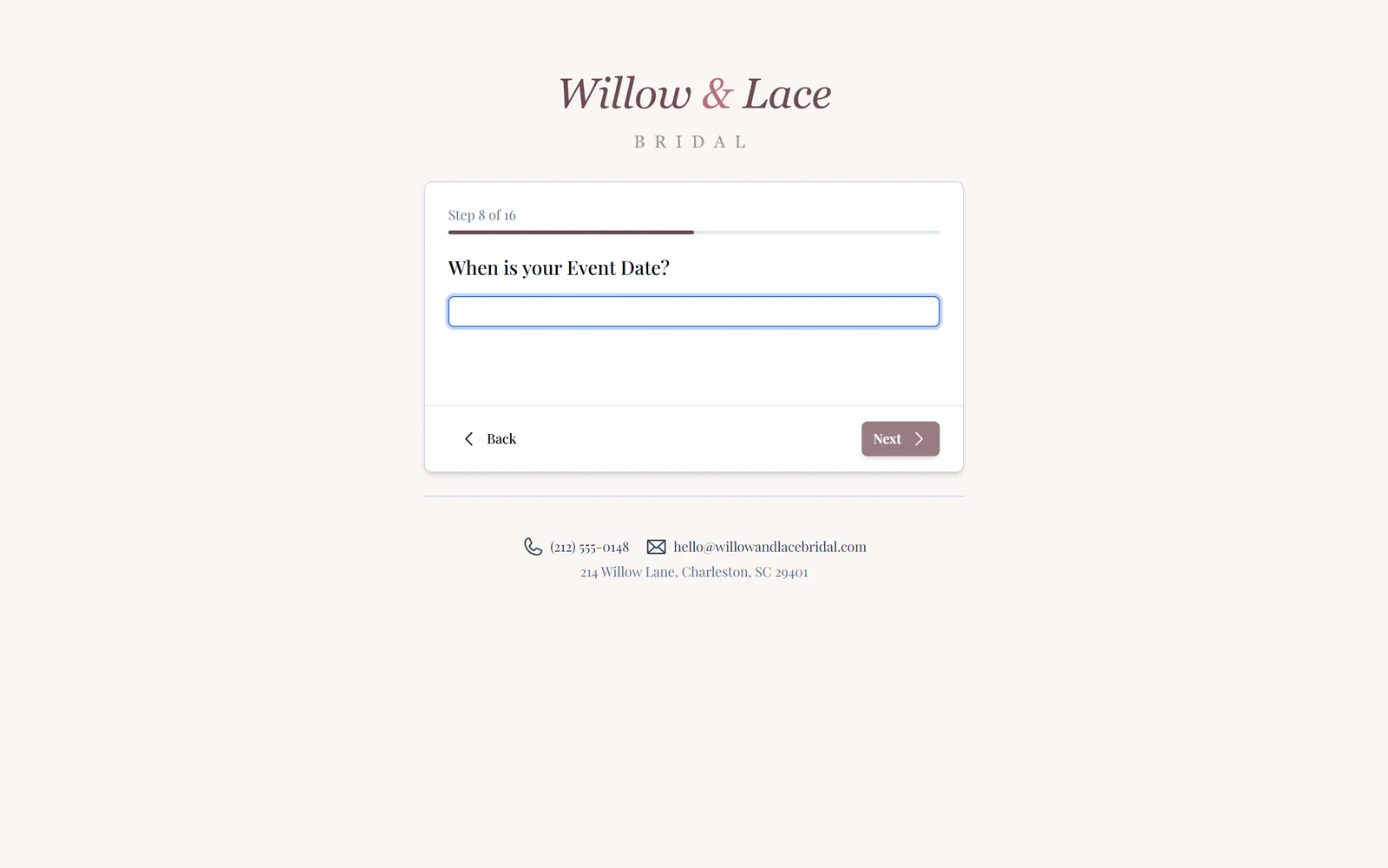 A branded pre-registration questionnaire a bride fills out before her appointment