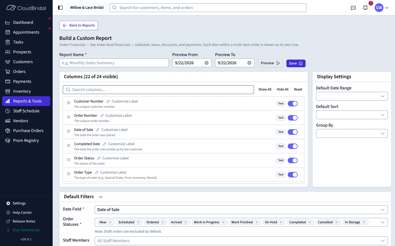 Screenshot for article CloudBridal v26.3.1: Custom Reports, Task Automation, and Enhanced Client Portal