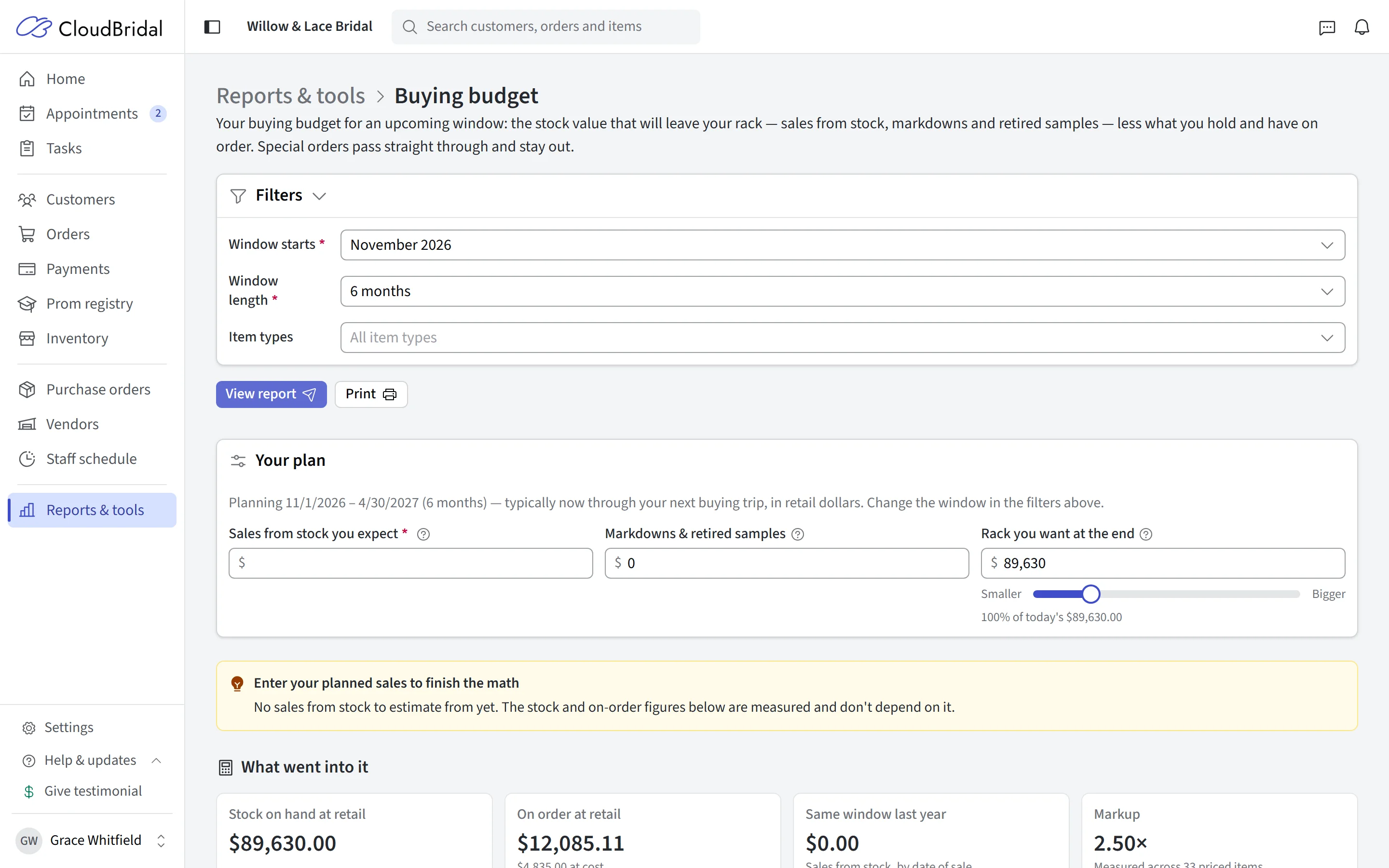 Buying Budget with adjustable sales and stock assumptions, room to buy at retail, and budget at cost