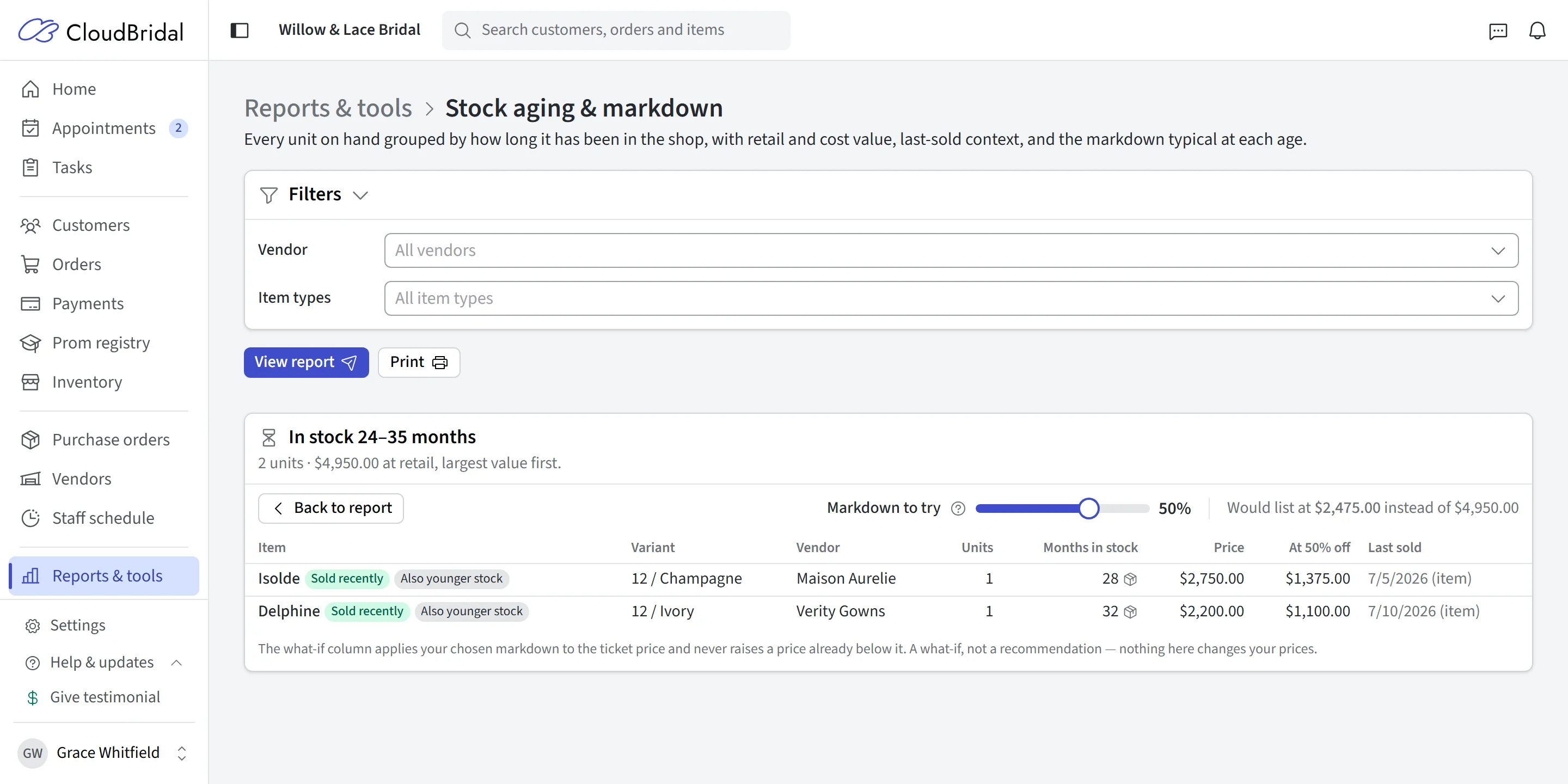 An age-band drill-down with gown details and a markdown preview slider