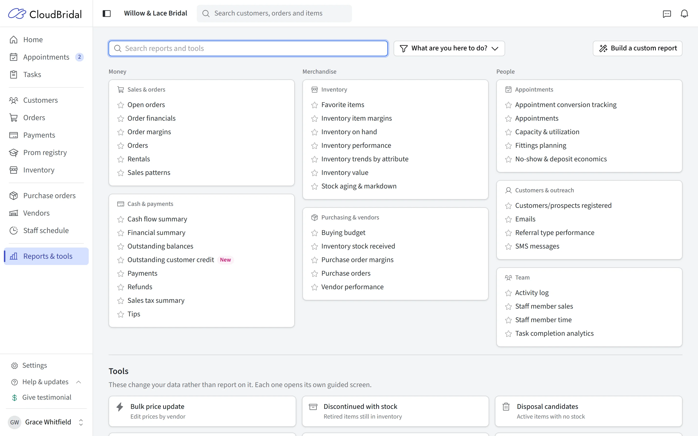 The Reports & Tools catalog grouped into money, merchandise, and people