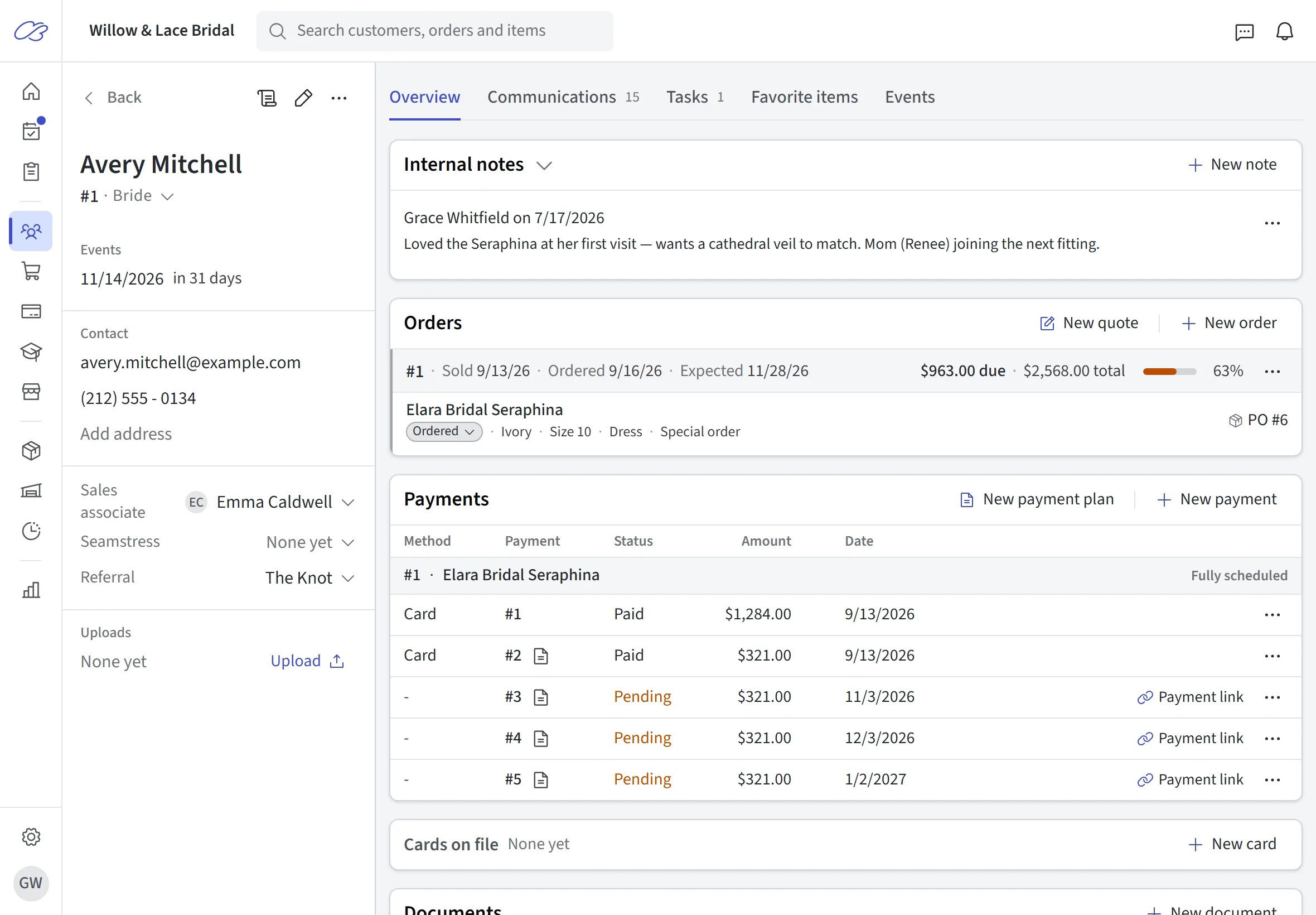 A customer record connecting gown orders, notes, scheduled payments, and appointments