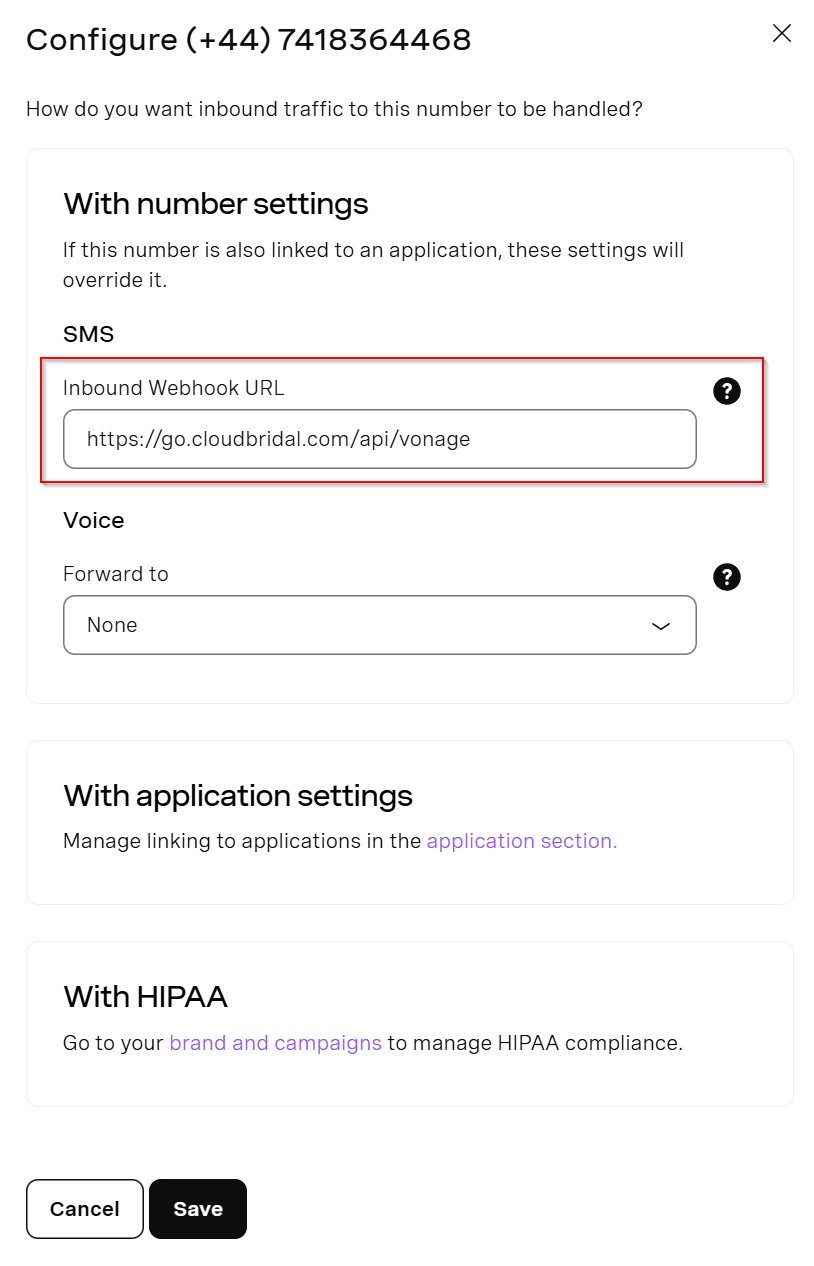 The Vonage Configure Number button