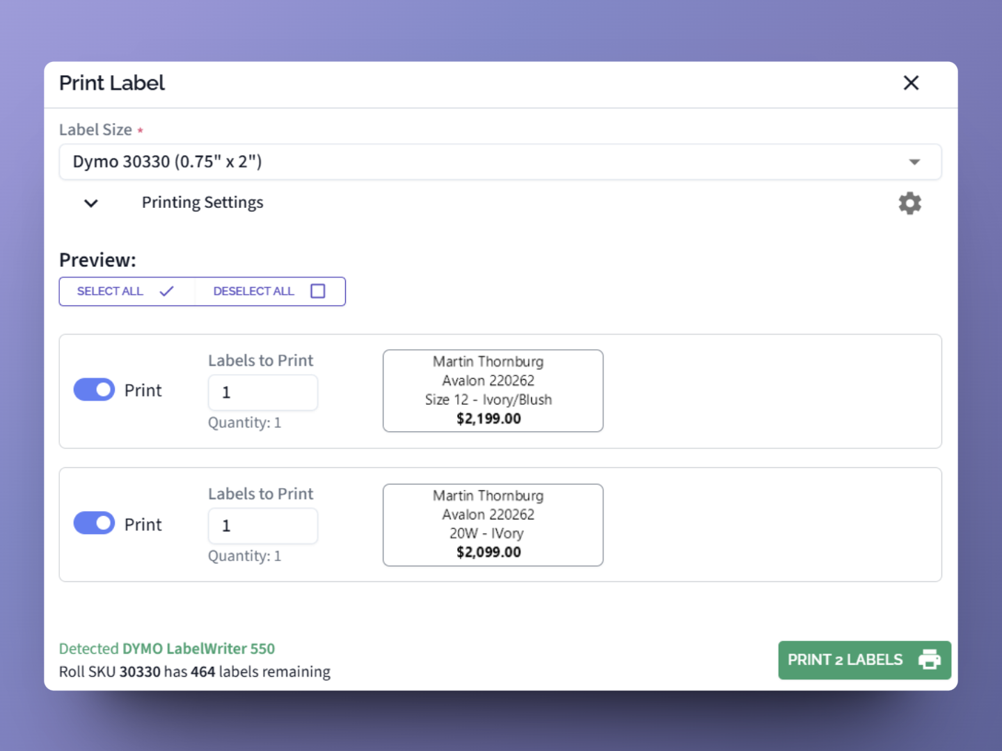 The label printing screen in CloudBridal